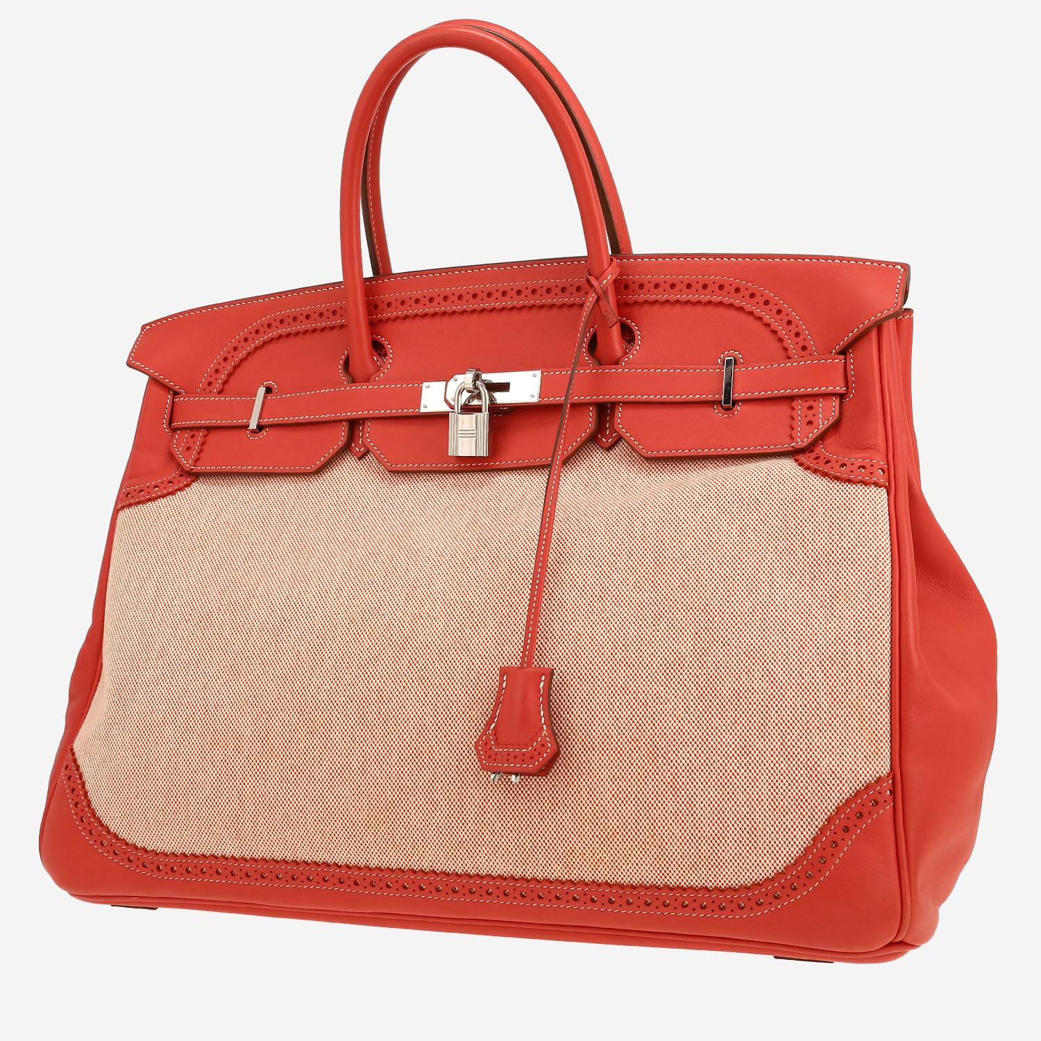 Birkin Ghillies 40 cm handbag in sanguine smooth leather and beige canvas