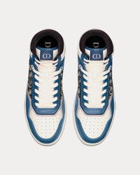 B27 Blue, Cream and Dior Gray Smooth Calfskin with Beige and Black Dior Oblique Jacquard High Top Sneakers
