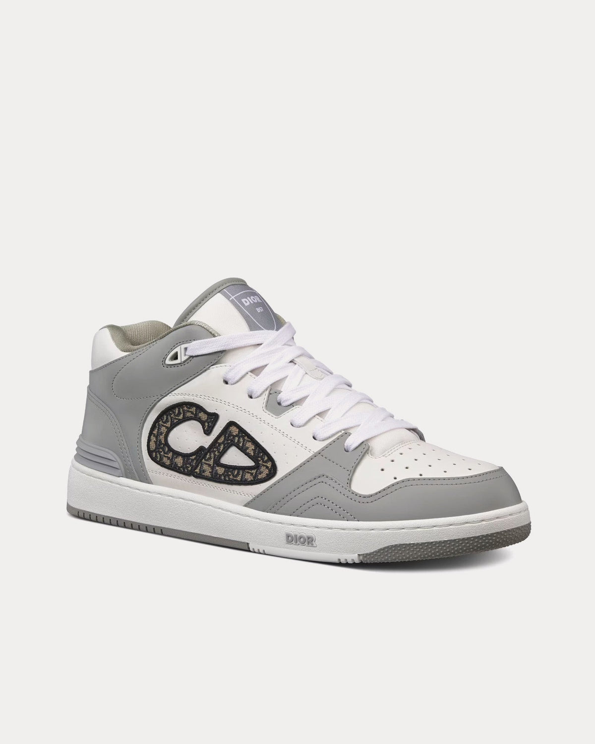 B57 Gray and White Smooth Calfskin with Beige and Black Dior Oblique Jacquard Mid Top Sneakers