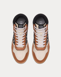 B27 Coffee, Cream and Black Smooth Calfskin with Beige and Black Dior Oblique Jacquard High Top Sneakers