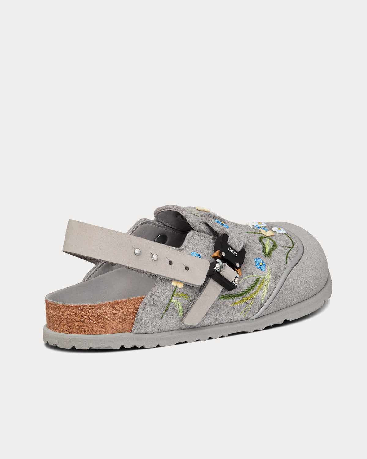 Tokio Dior Gray Felted Wool Embroidered with Flowers and Nubuck Calfskin Mules