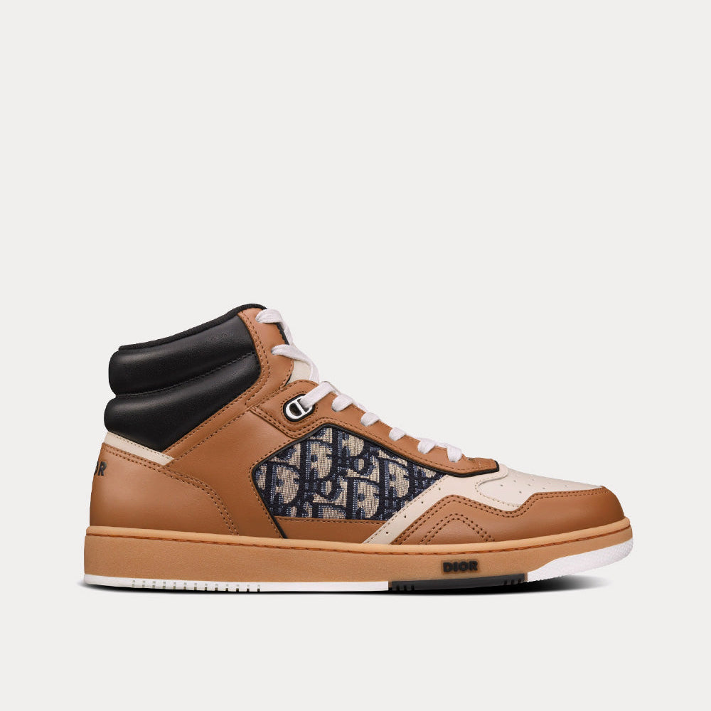 B27 Coffee, Cream and Black Smooth Calfskin with Beige and Black Dior Oblique Jacquard High Top Sneakers