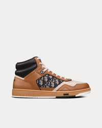 B27 Coffee, Cream and Black Smooth Calfskin with Beige and Black Dior Oblique Jacquard High Top Sneakers