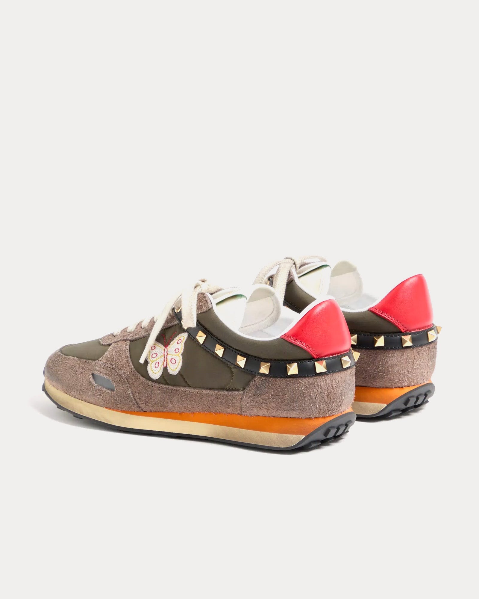 Stud Up Split Leather & Nylon with Butterfly Embroidery Olive Green / Multi Low Top Sneakers