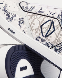 B27 White Smooth Calfskin with Navy Blue CD Paisley Motif and White Dior Oblique Galaxy Leather Low Top Sneakers