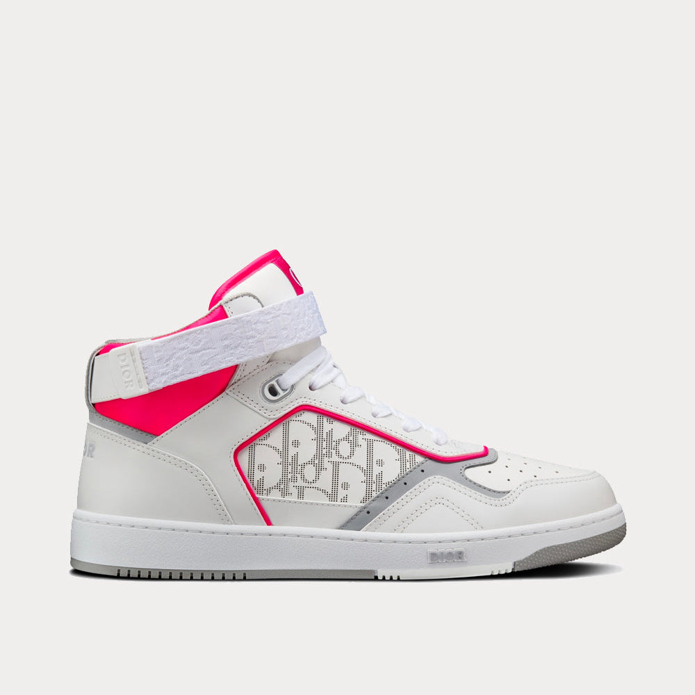 B27 White and Neon Pink Smooth Calfskin with White Dior Oblique Galaxy Leather High Top Sneakers