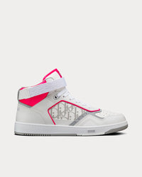 B27 White and Neon Pink Smooth Calfskin with White Dior Oblique Galaxy Leather High Top Sneakers