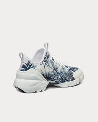 D-Connect White and Navy Blue Technical Fabric with Toile de Jouy Palms Print Low Top Sneakers