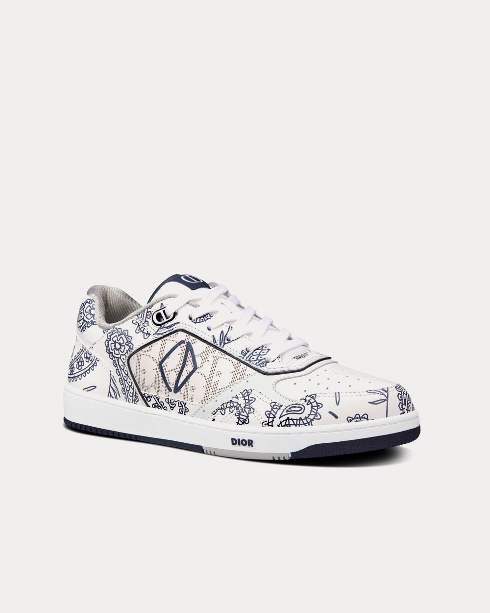 B27 White Smooth Calfskin with Navy Blue CD Paisley Motif and White Dior Oblique Galaxy Leather Low Top Sneakers