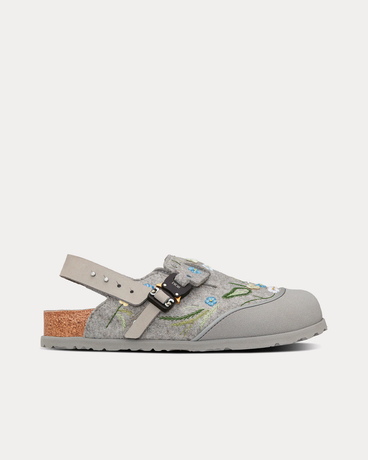 Tokio Dior Gray Felted Wool Embroidered with Flowers and Nubuck Calfskin Mules