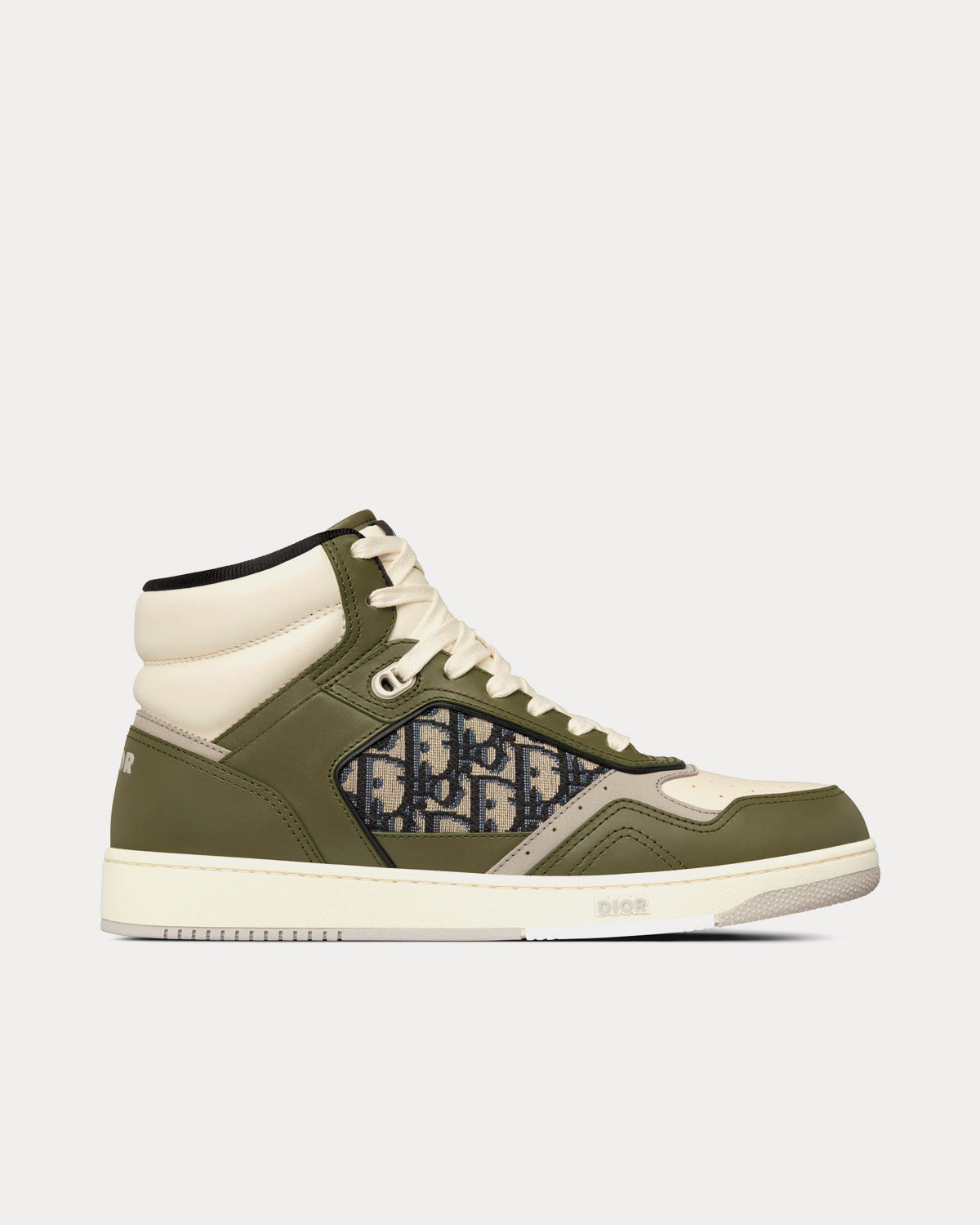 B27 Olive and Cream Smooth Calfskin with Beige and Black Dior Oblique Jacquard High Top Sneakers