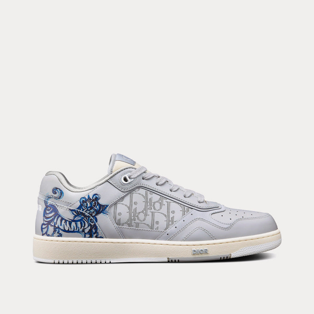B27 Smooth Calfskin with Gray Dior Oblique Galaxy Leather and Blue Tiger Print Low Top Sneakers
