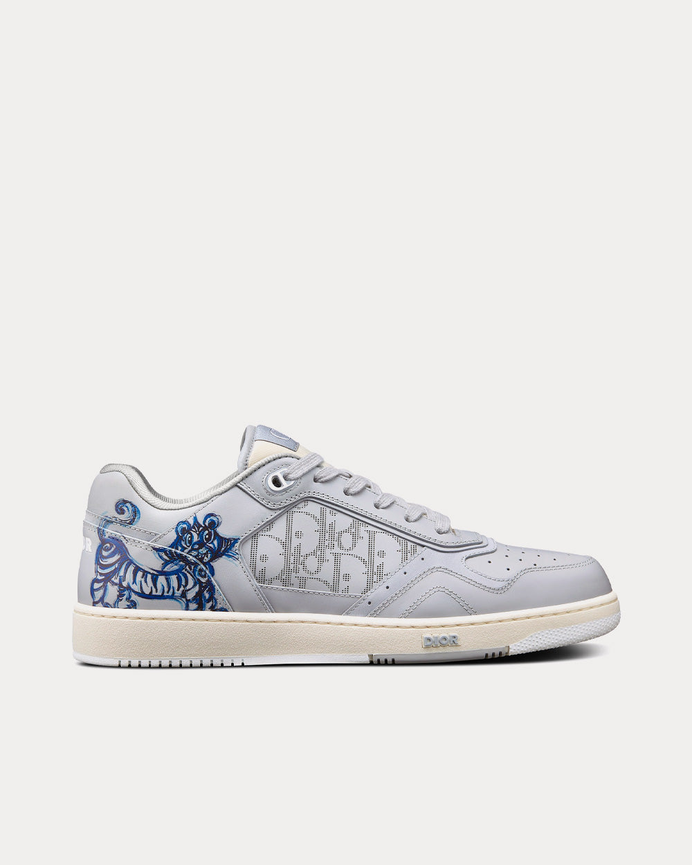 B27 Smooth Calfskin with Gray Dior Oblique Galaxy Leather and Blue Tiger Print Low Top Sneakers