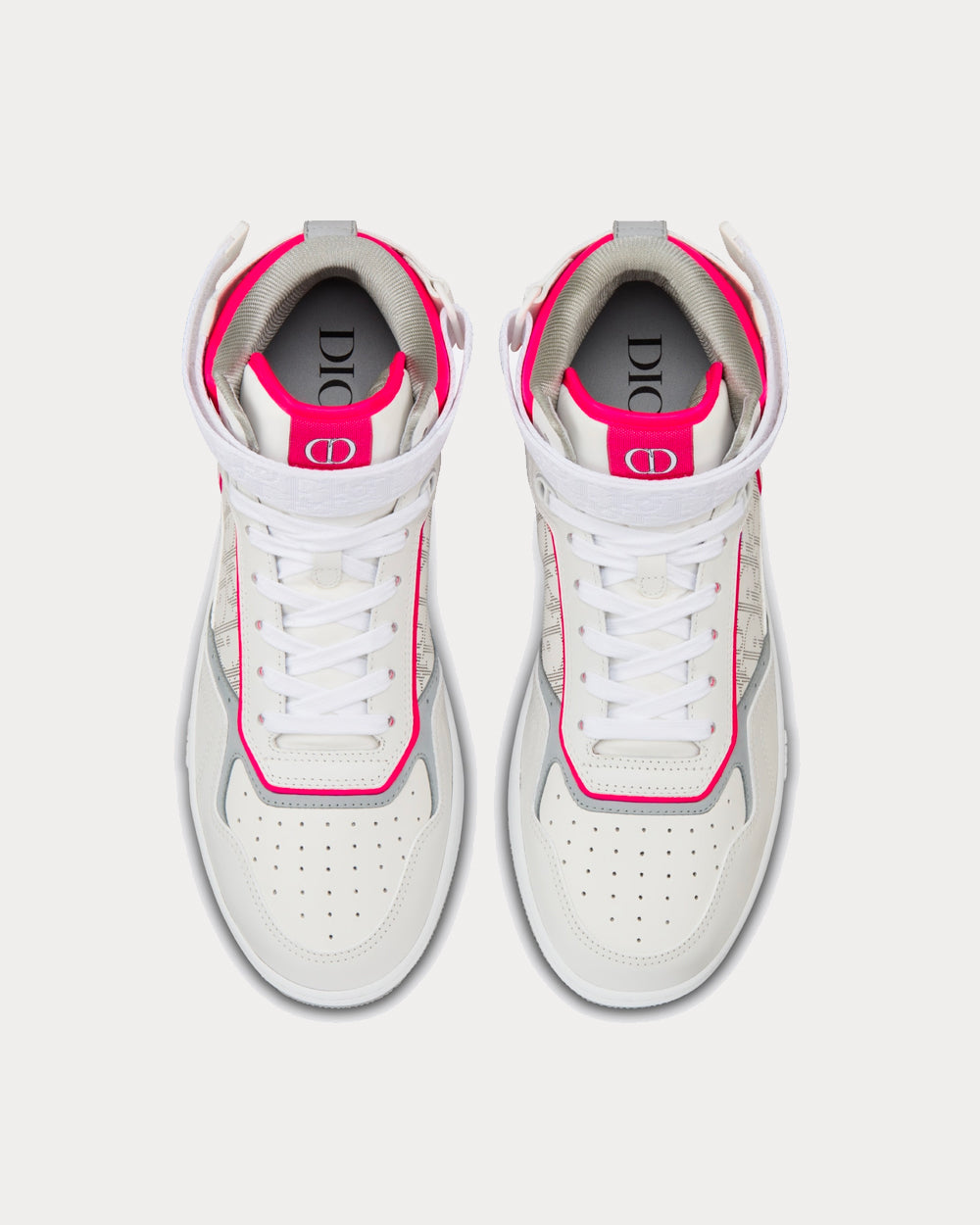 B27 White and Neon Pink Smooth Calfskin with White Dior Oblique Galaxy Leather High Top Sneakers