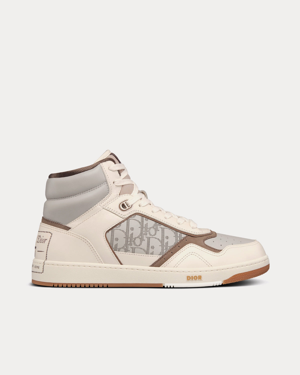 B27 Cream & Greige Smooth Calfskin with 'Christian Dior 1947' Signature High Top Sneakers