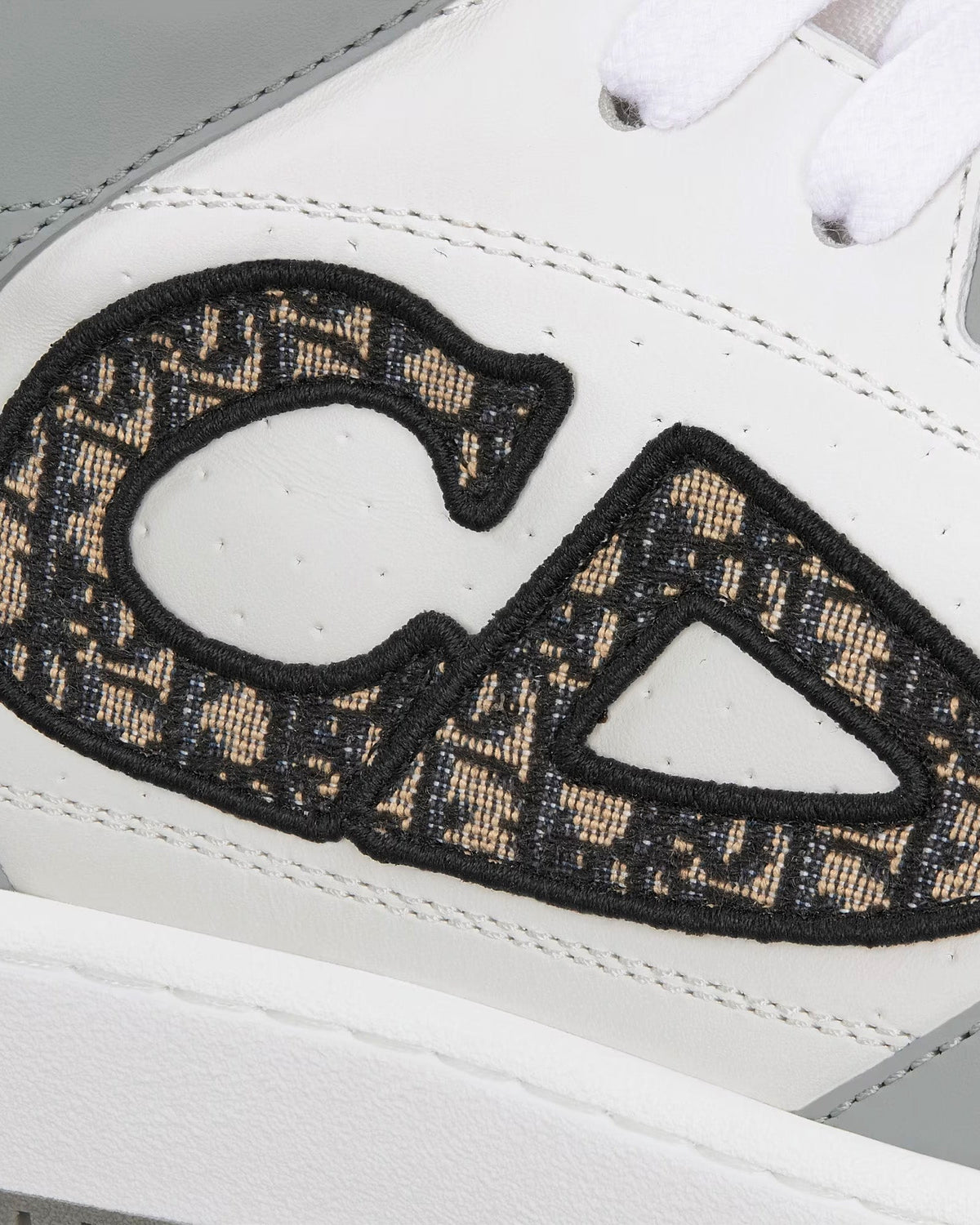 B57 Gray and White Smooth Calfskin with Beige and Black Dior Oblique Jacquard Mid Top Sneakers