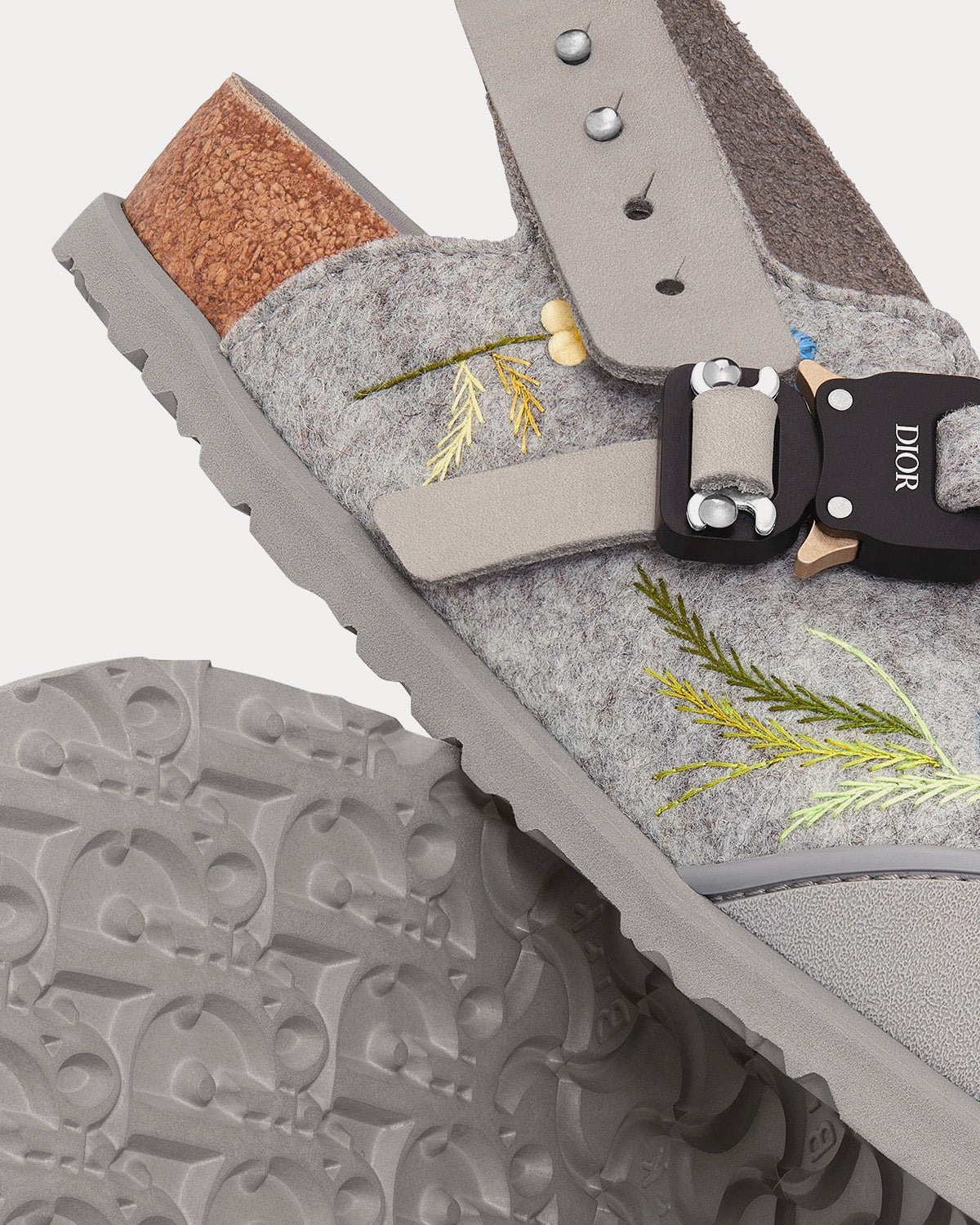 Tokio Dior Gray Felted Wool Embroidered with Flowers and Nubuck Calfskin Mules