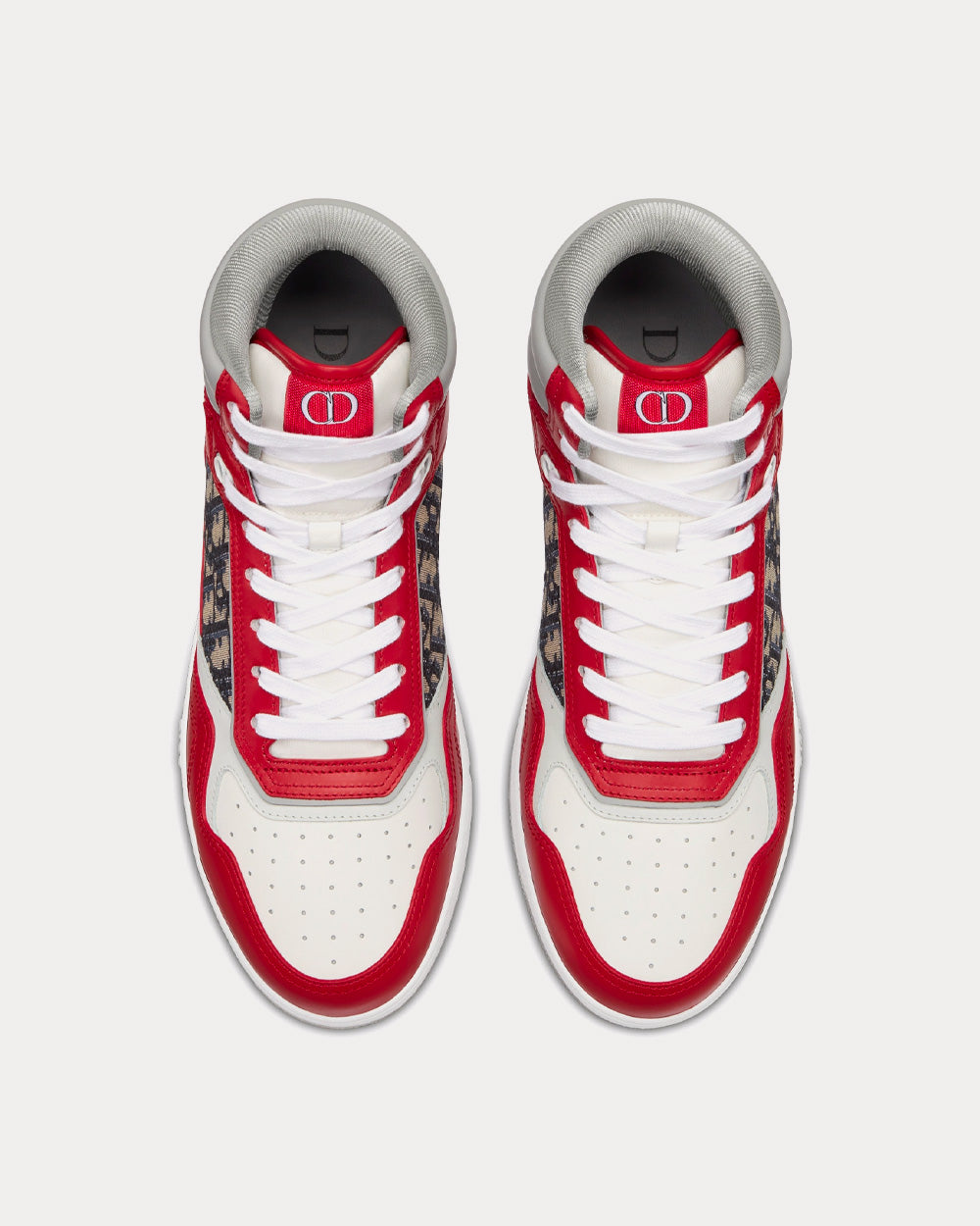 B27 Red, Gray and White Smooth Calfskin with Beige and Black Dior Oblique Jacquard High Top Sneakers