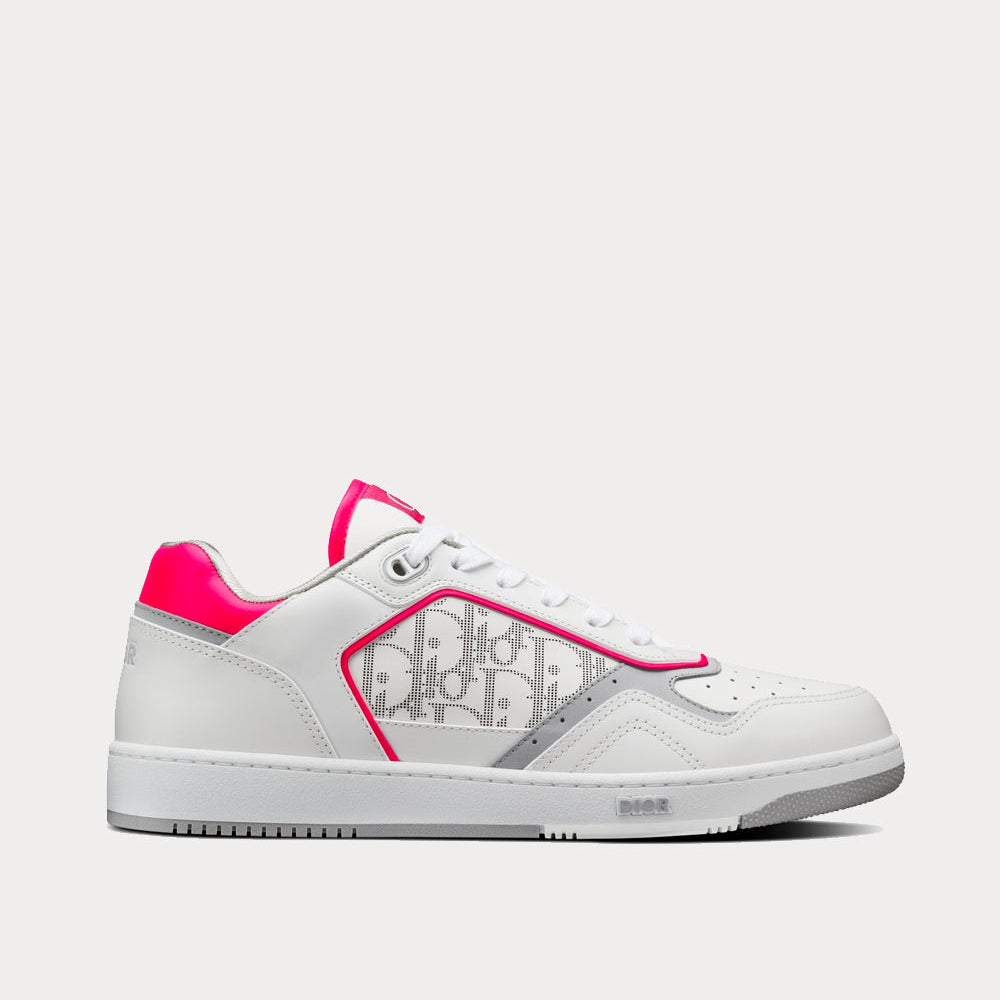 B27 White and Neon Pink Smooth Calfskin with White Dior Oblique Galaxy Leather Low Top Sneakers