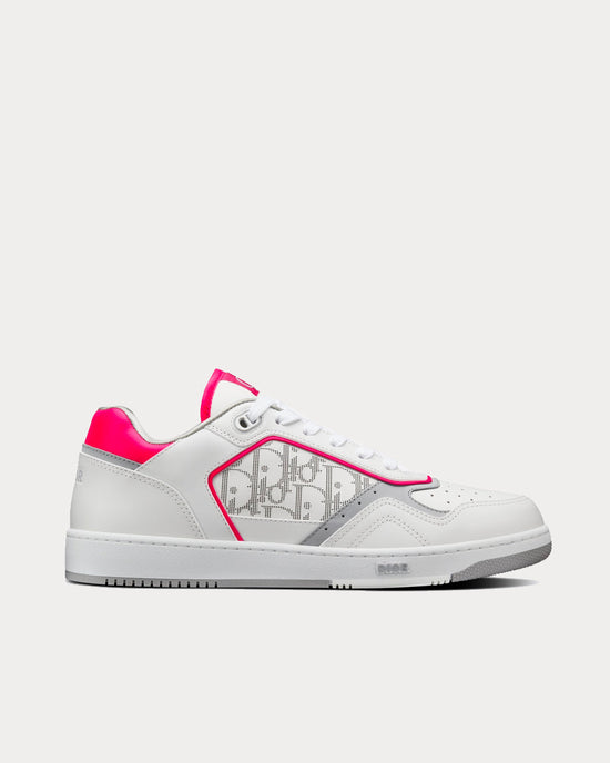 B27 White and Neon Pink Smooth Calfskin with White Dior Oblique Galaxy Leather Low Top Sneakers