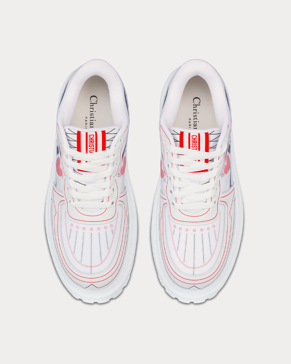 Dioramour Dior Addict White, Black and Red D-Chess Heart Calfskin and Technical Fabric Low Top Sneakers