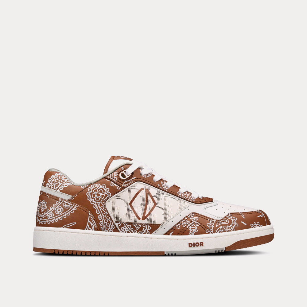 B27 Coffee and White Smooth Calfskin with CD Paisley Motif and White Dior Oblique Galaxy Leather Low Top Sneakers