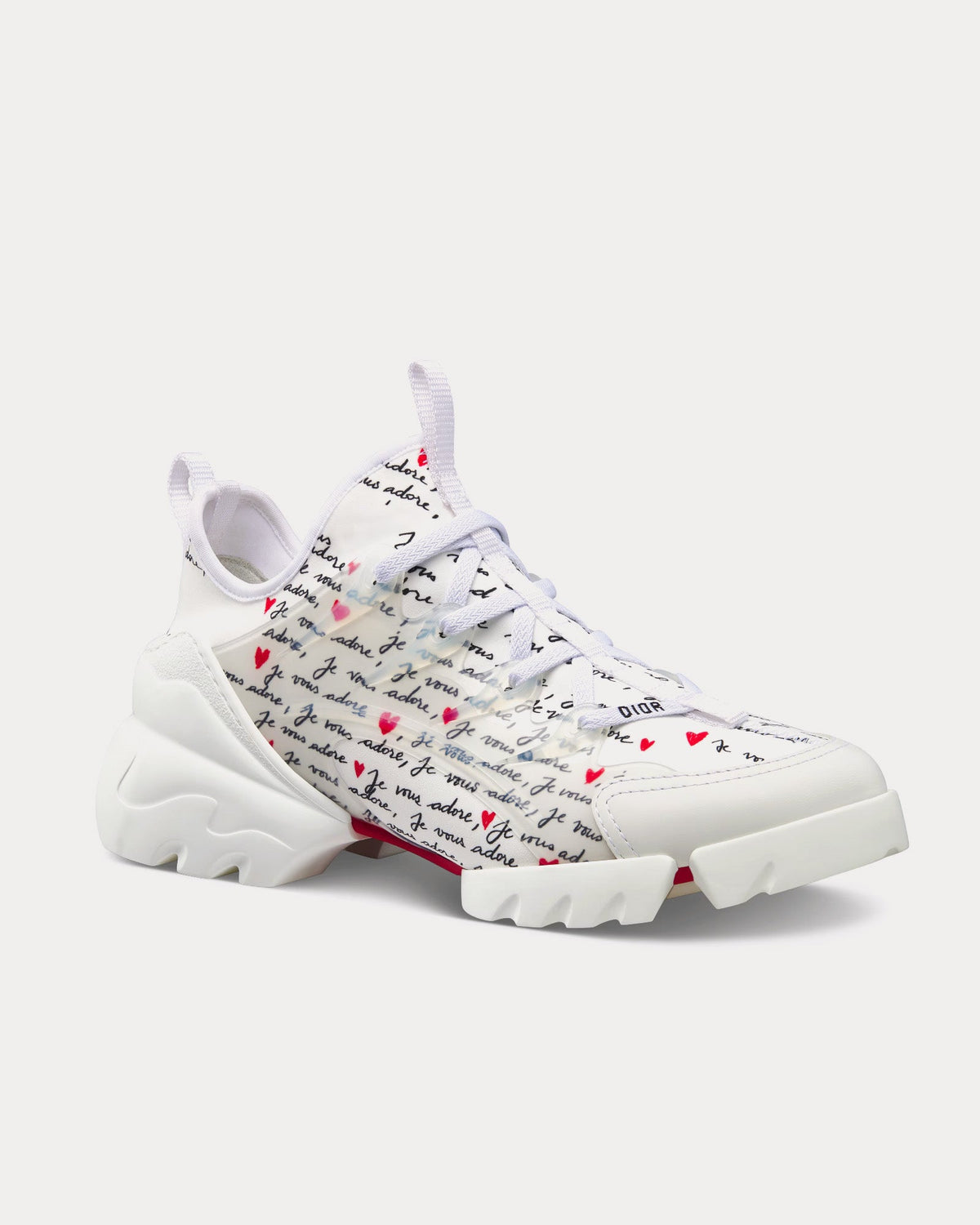 D-Connect Dioramour White Technical Fabric Printed with Black and Red Je Vous Adore Motif Low Top Sneakers
