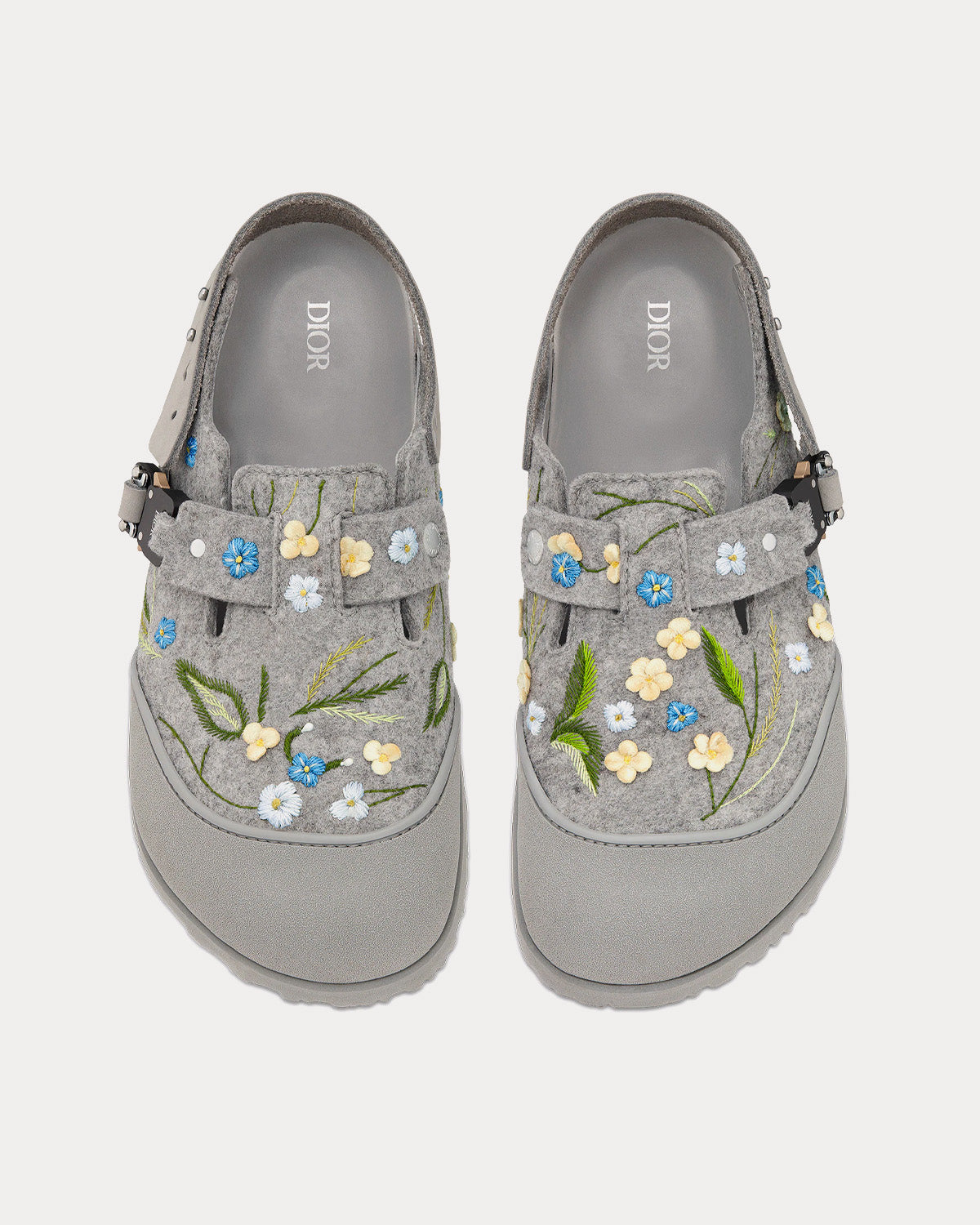 Tokio Dior Gray Felted Wool Embroidered with Flowers and Nubuck Calfskin Mules