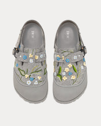 Tokio Dior Gray Felted Wool Embroidered with Flowers and Nubuck Calfskin Mules