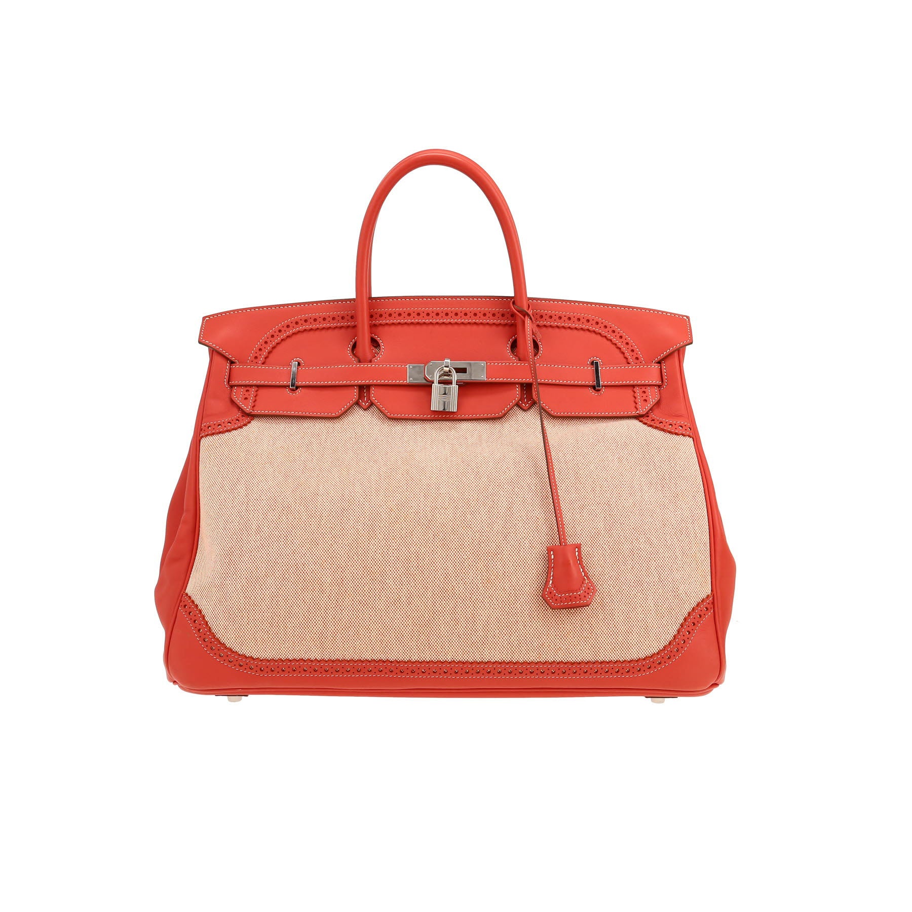 Birkin Ghillies 40 cm handbag in sanguine smooth leather and beige canvas