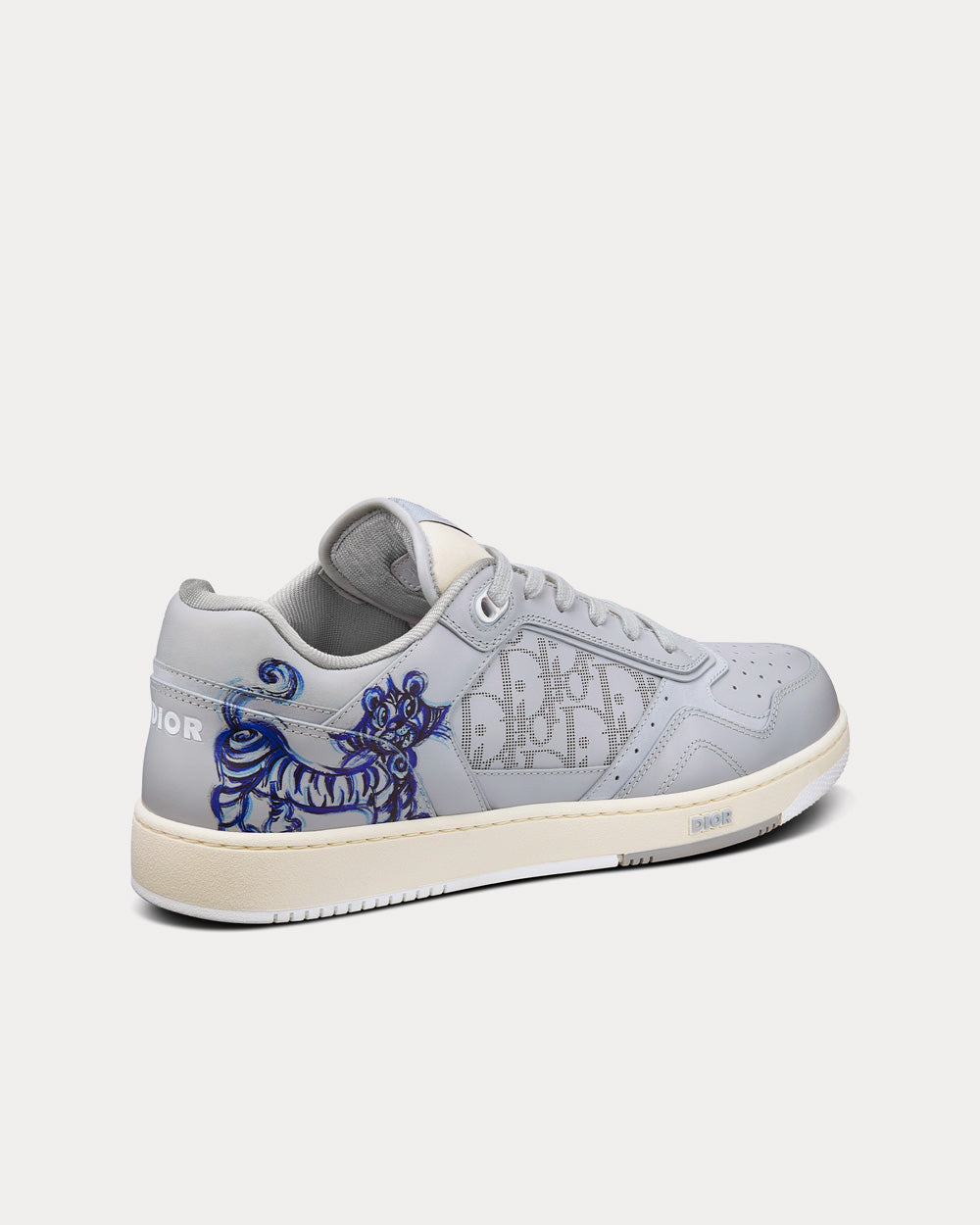 B27 Smooth Calfskin with Gray Dior Oblique Galaxy Leather and Blue Tiger Print Low Top Sneakers