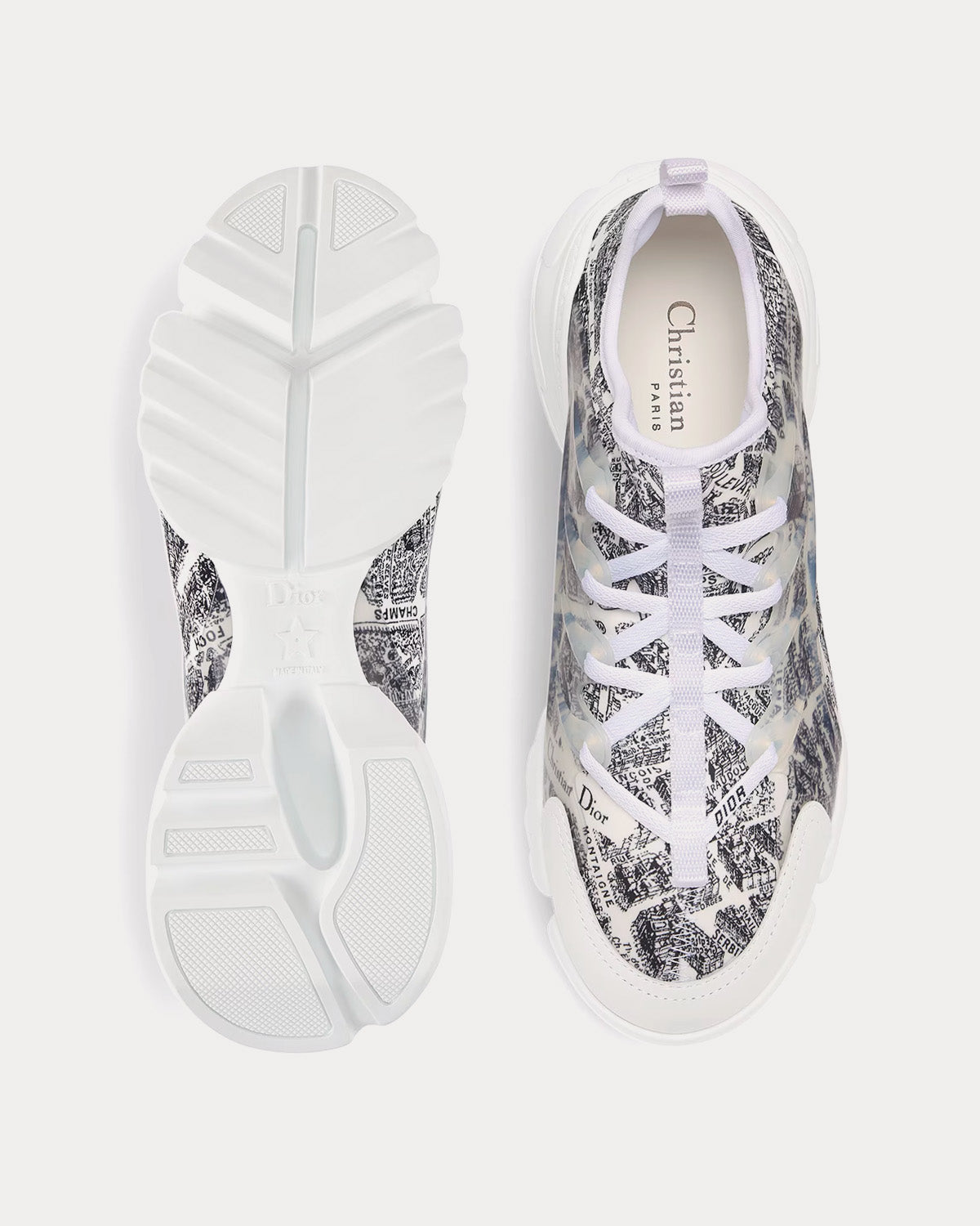 D-Connect Black and White Technical Fabric with Plan de Paris Print Low Top Sneakers