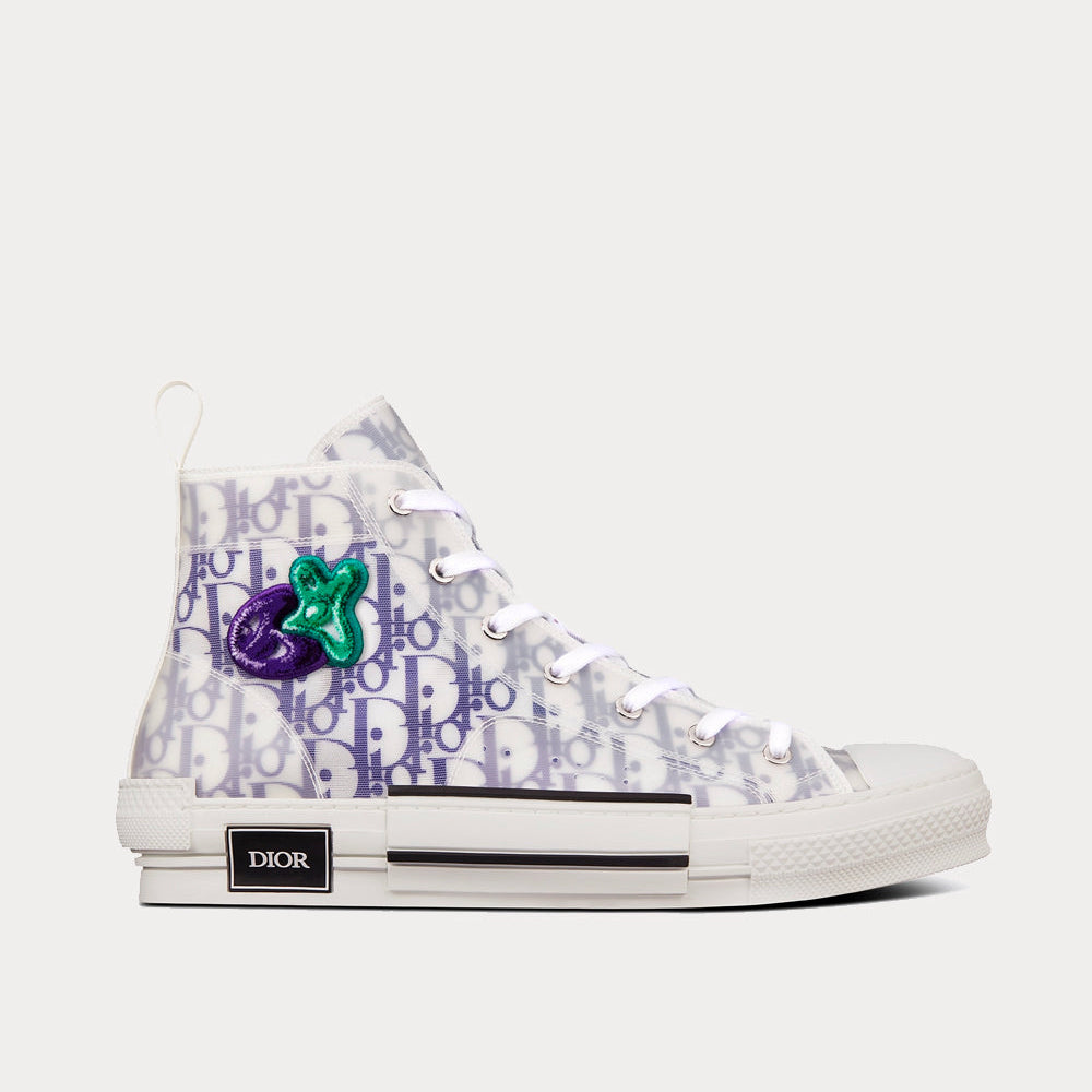 B23 White and Purple Dior Oblique Canvas with Embroidered Patches High Top Sneakers
