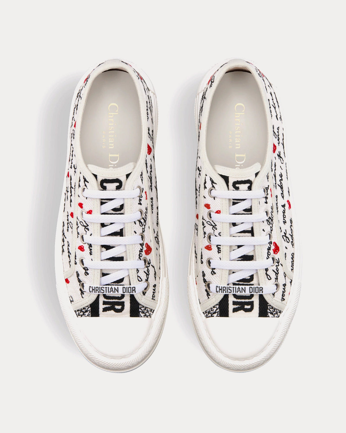 Dioramour Walk'n'Dior Platform White Cotton with Embroidered Black and Red Je Vous Adore Motif Low Top Sneakers