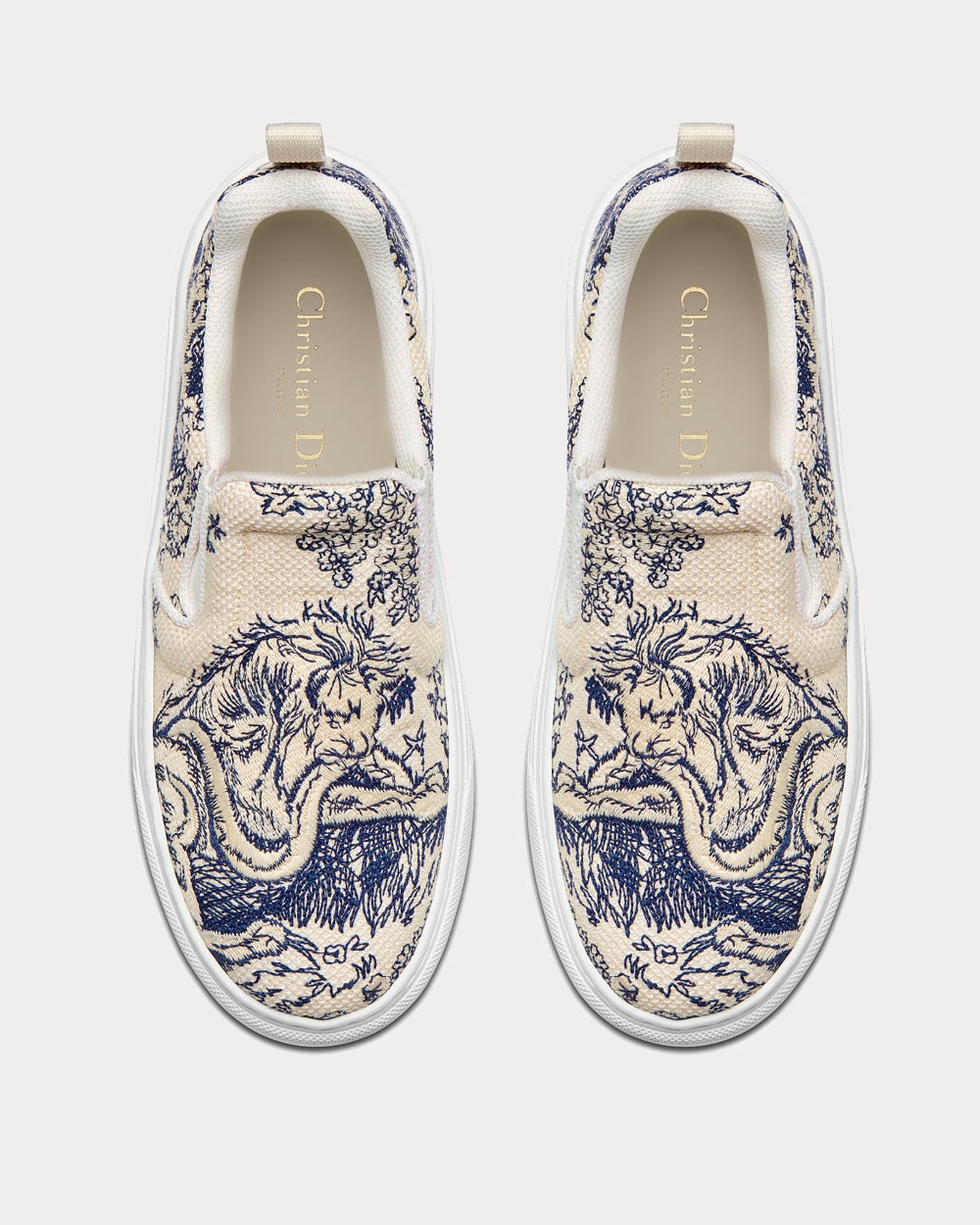 Solar Blue and White Embroidered Cotton with Toile de Jouy Motif Slip On Sneakers