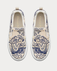 Solar Blue and White Embroidered Cotton with Toile de Jouy Motif Slip On Sneakers