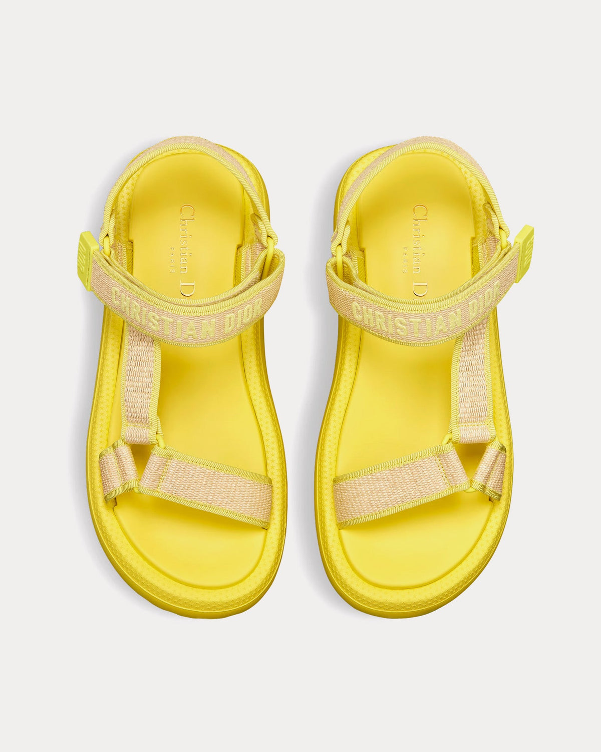 Dioriviera D-Wave Natural Raffia and Lemon Yellow Embroidered Cotton Sandals