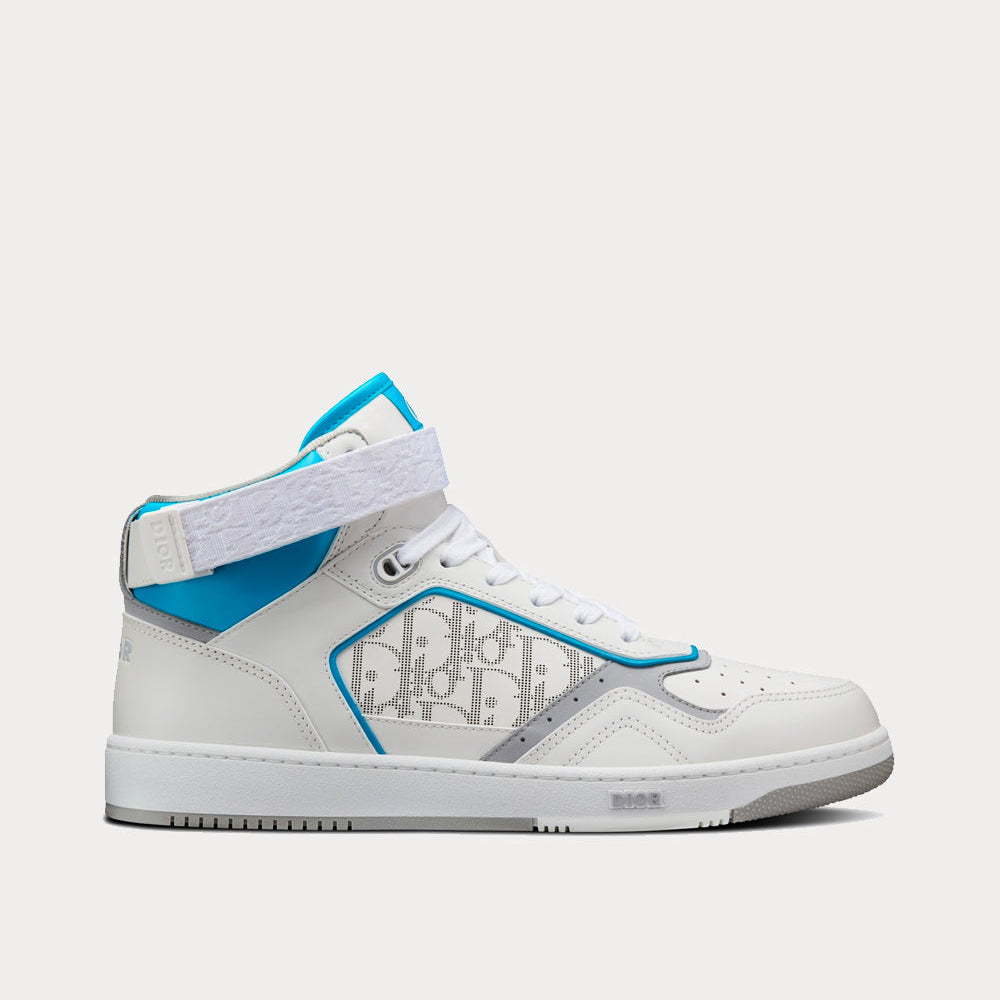B27 White and Light Blue Smooth Calfskin with White Dior Oblique Galaxy Leather High Top Sneakers