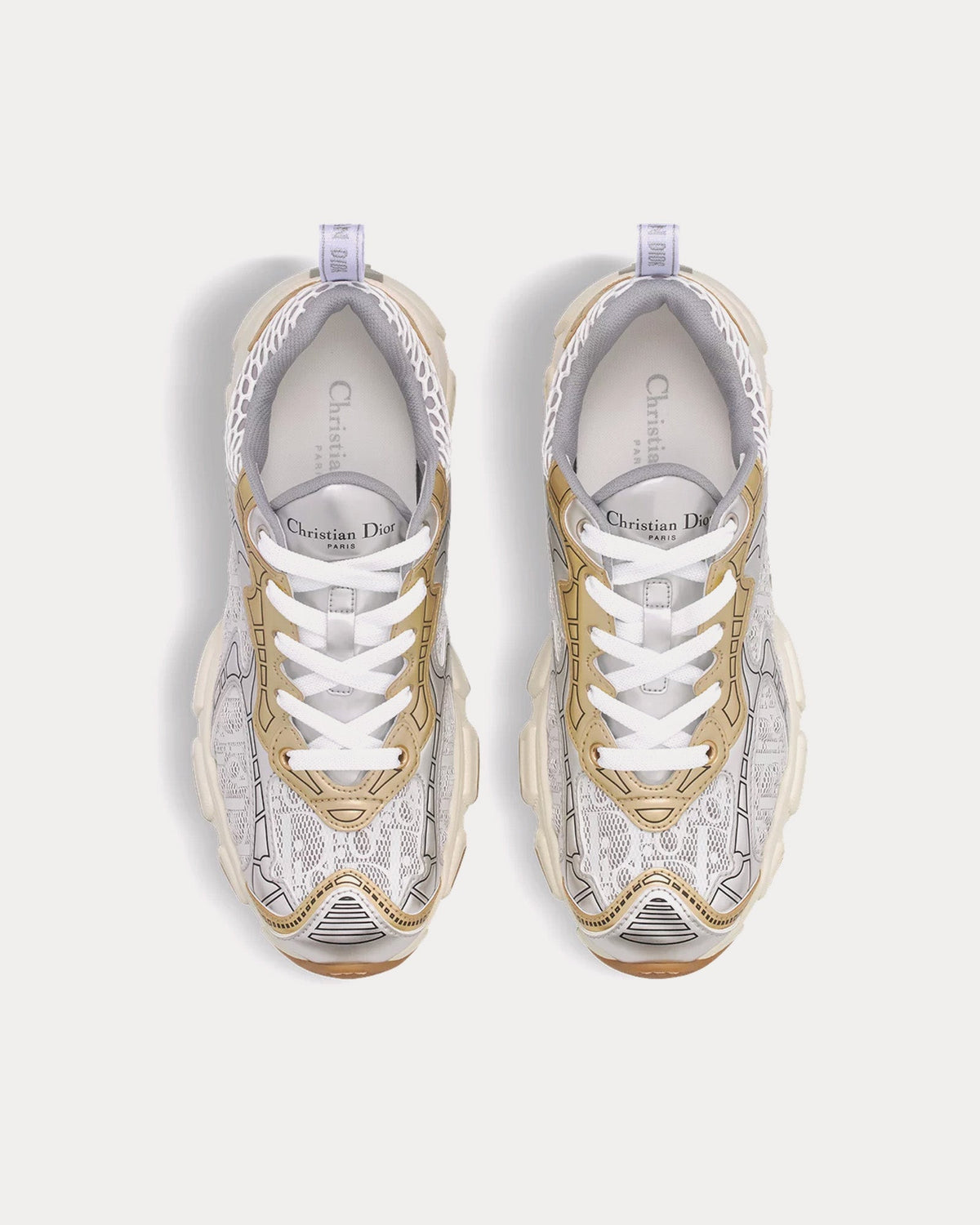 Dior Vibe White Mesh Printed with Dior Oblique Motif and Gold and Silver-Tone Laminated Leather-Effect Panels Low Top Sneakers