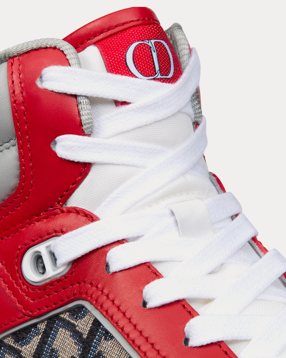 B27 Red, Gray and White Smooth Calfskin with Beige and Black Dior Oblique Jacquard High Top Sneakers