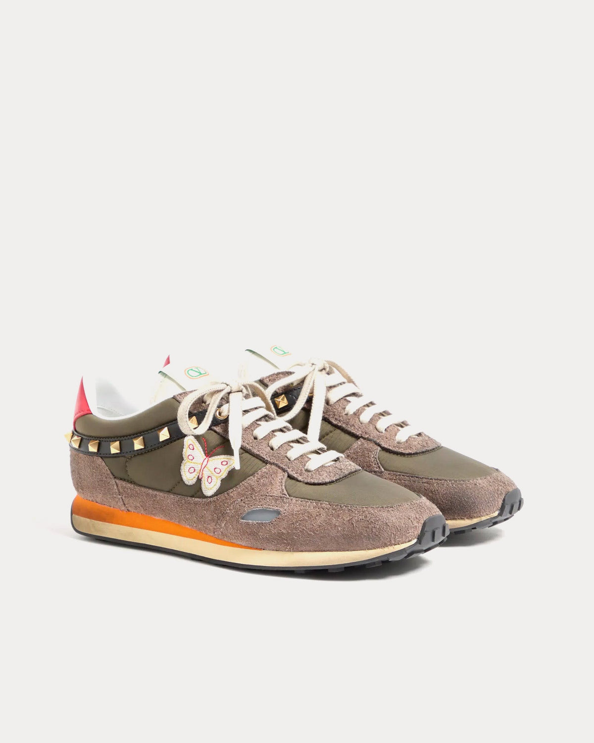 Stud Up Split Leather & Nylon with Butterfly Embroidery Olive Green / Multi Low Top Sneakers