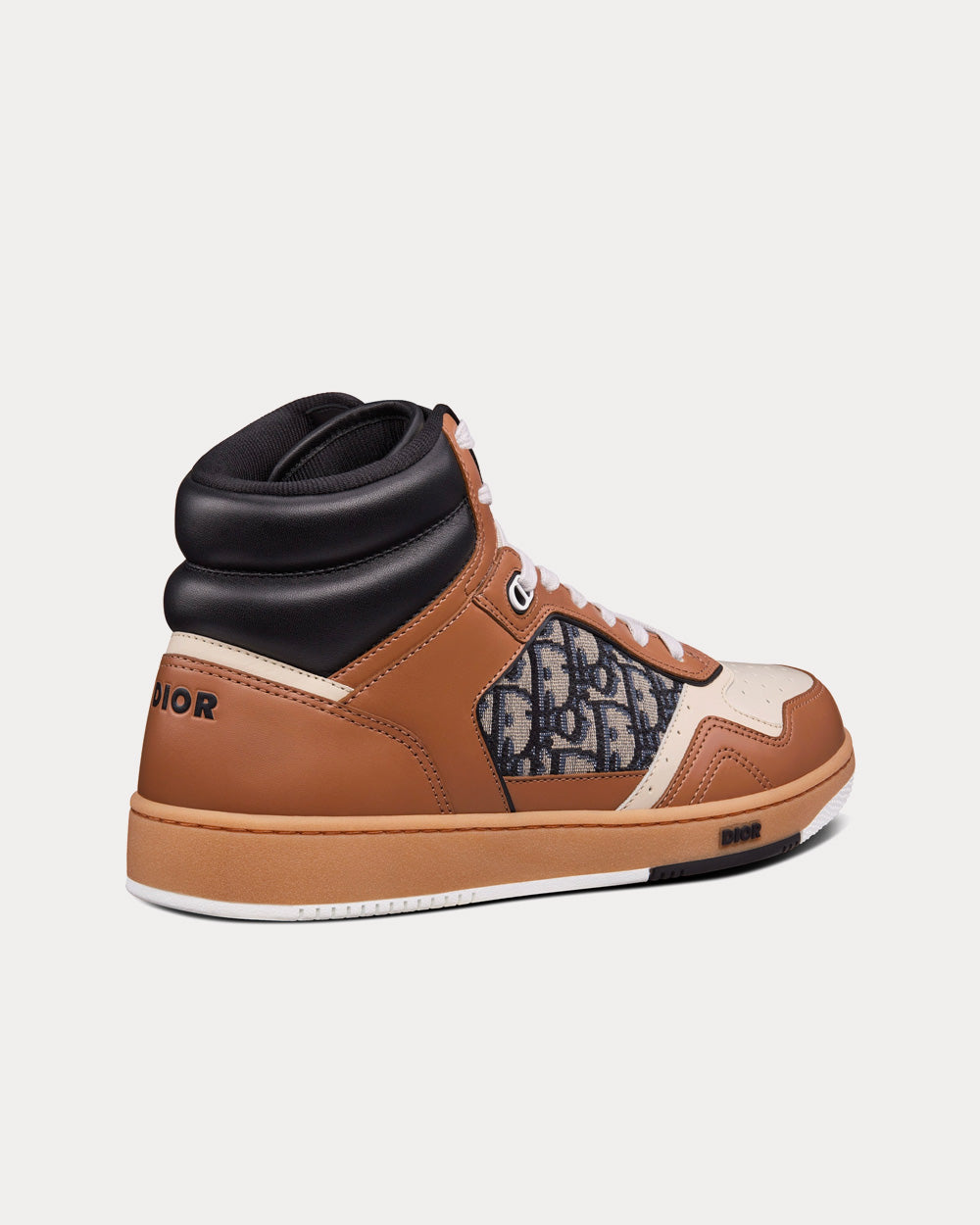 B27 Coffee, Cream and Black Smooth Calfskin with Beige and Black Dior Oblique Jacquard High Top Sneakers