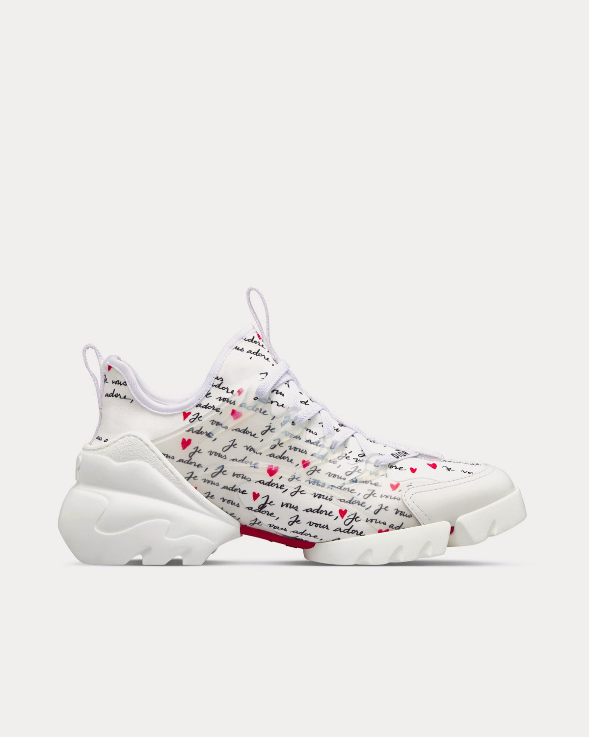 D-Connect Dioramour White Technical Fabric Printed with Black and Red Je Vous Adore Motif Low Top Sneakers