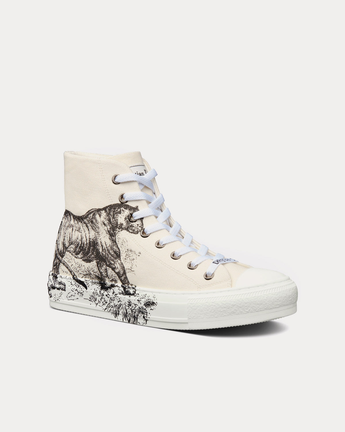 Walk'n'Dior White Cotton Canvas with Black Toile de Jouy Tiger Print High Top Sneakers