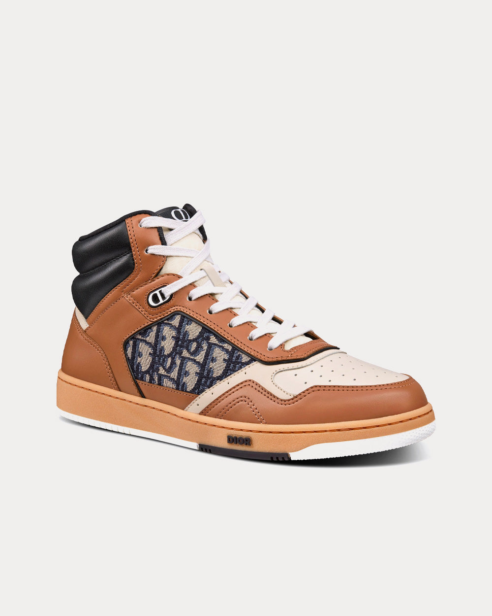 B27 Coffee, Cream and Black Smooth Calfskin with Beige and Black Dior Oblique Jacquard High Top Sneakers