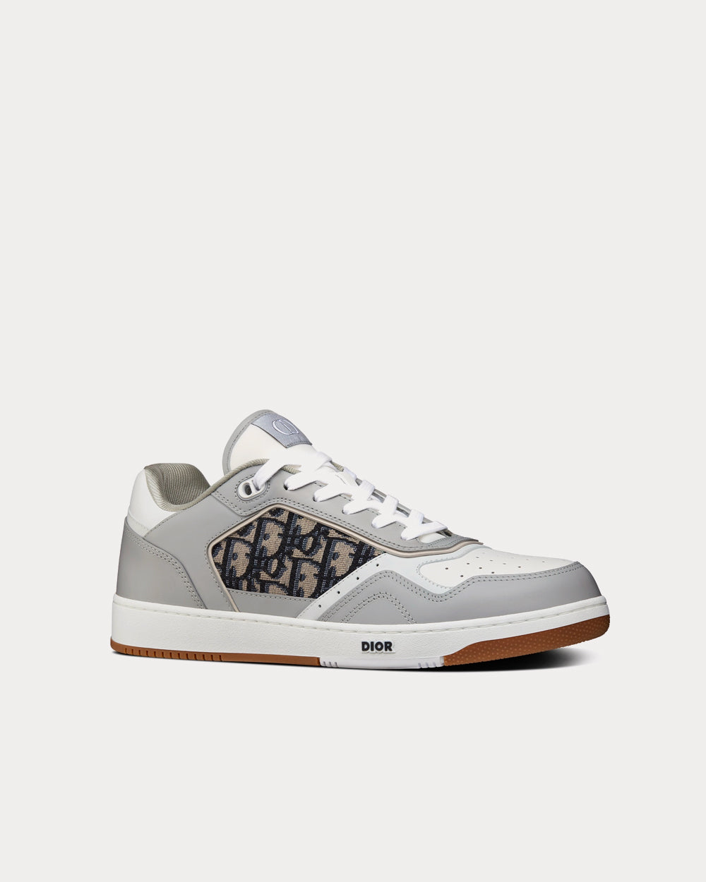 B27 Gray and White Smooth Calfskin with Beige and Black Dior Oblique Jacquard Low Top Sneakers