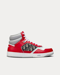 B27 Red, Gray and White Smooth Calfskin with Beige and Black Dior Oblique Jacquard High Top Sneakers