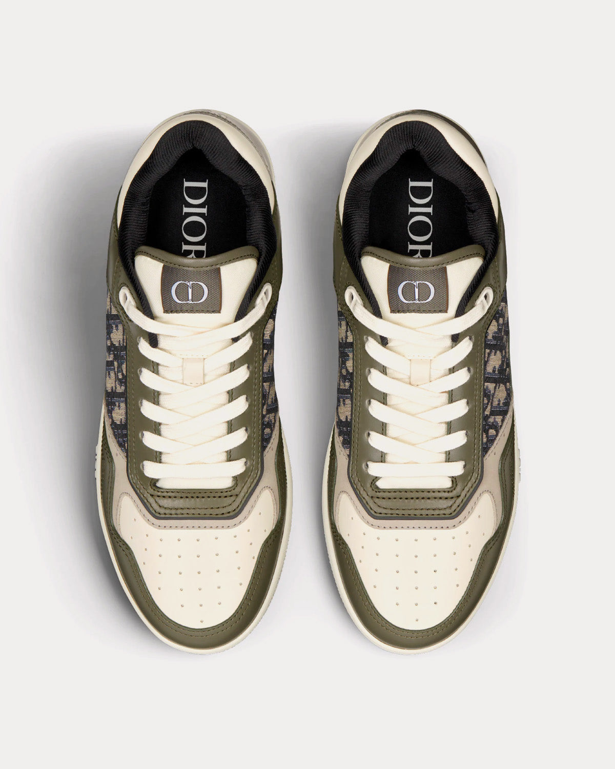 B27 Olive and Cream Smooth Calfskin with Beige and Black Dior Oblique Jacquard Low Top Sneakers