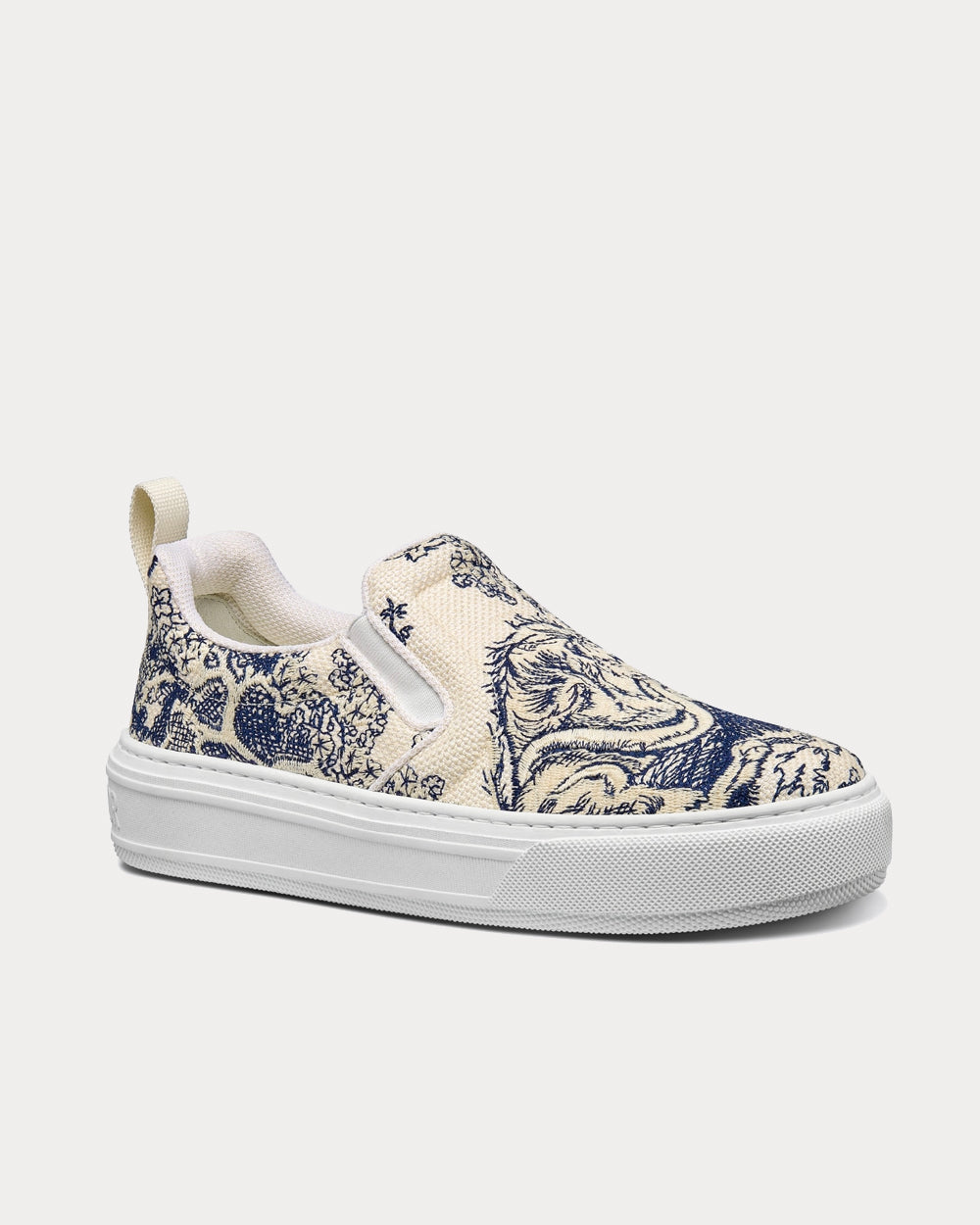 Solar Blue and White Embroidered Cotton with Toile de Jouy Motif Slip On Sneakers