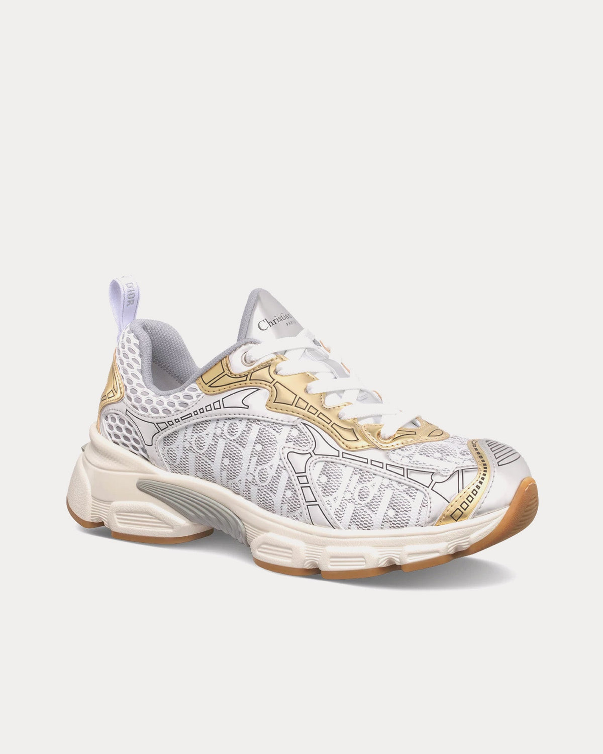 Dior Vibe White Mesh Printed with Dior Oblique Motif and Gold and Silver-Tone Laminated Leather-Effect Panels Low Top Sneakers